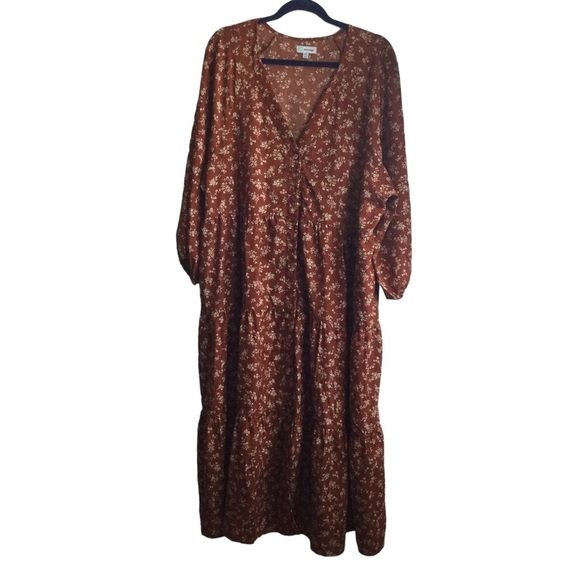 Kervology Plus Size Dipsy Floral Rust and cream Prairie Boho Midi Dress Nwot - Picture 4 of 13